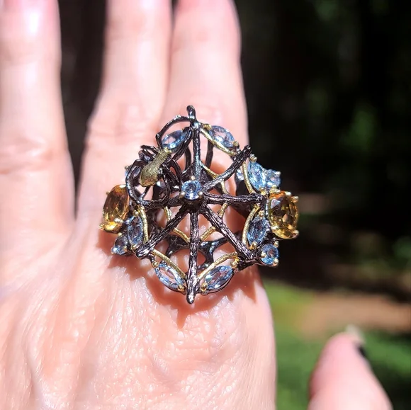 Topaz & Citrine sterling & gold Rhodium 🕷 spider on 🕸 web cocktail ring sz8.5
